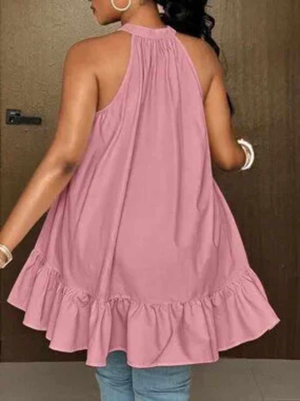 Dusty Pink Casual Women's Plus Size V-Neck Asymmetrical Ruffle Halter Tie Shirt